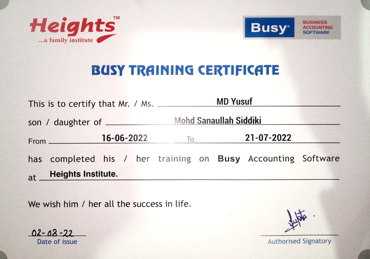 Busy Accounting Certificate
